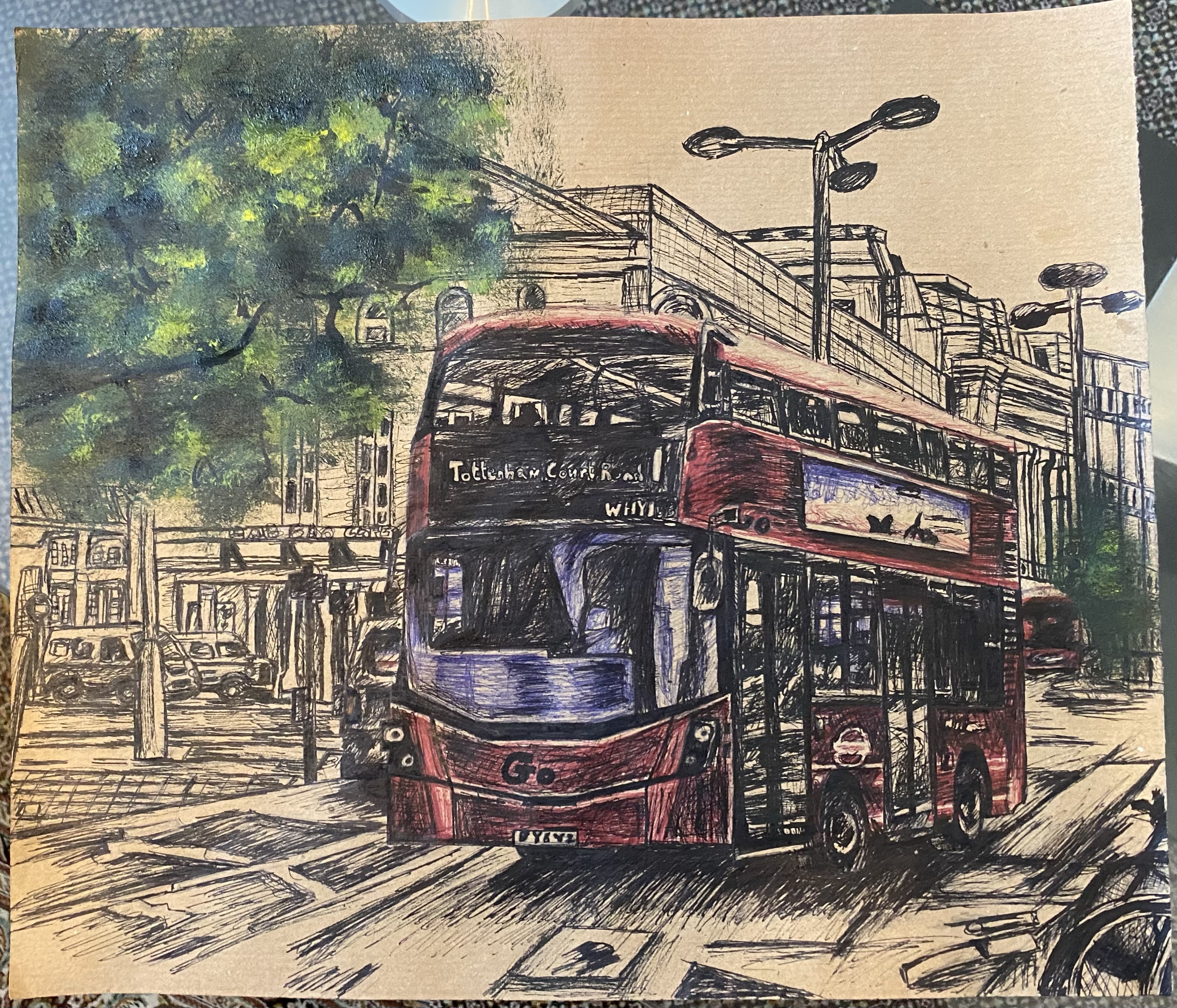 Mixed-media drawing of buses on Tottenham Court Road