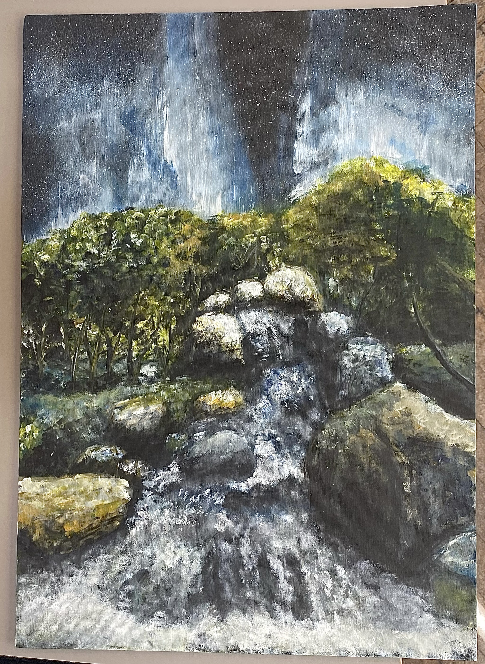 Painting of a waterfall and rocky landscape
